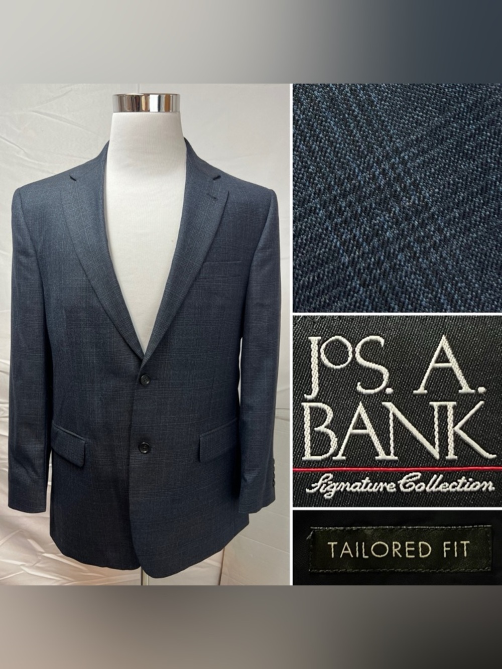 Jos. A. Bank Men’s 43R Navy Blue Plaid Wool Tailored Fit Blazer Jacket